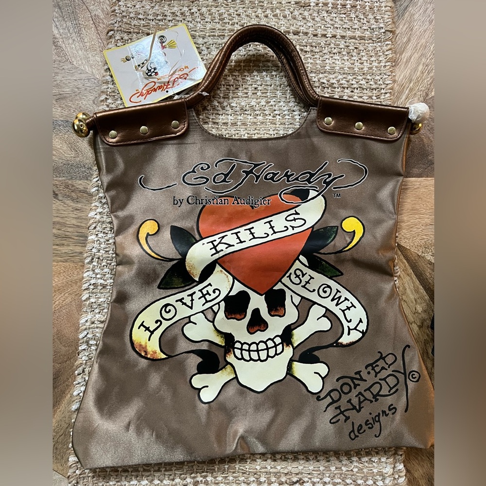 Ed Hardy Brown Tote with Skull and Heart Design